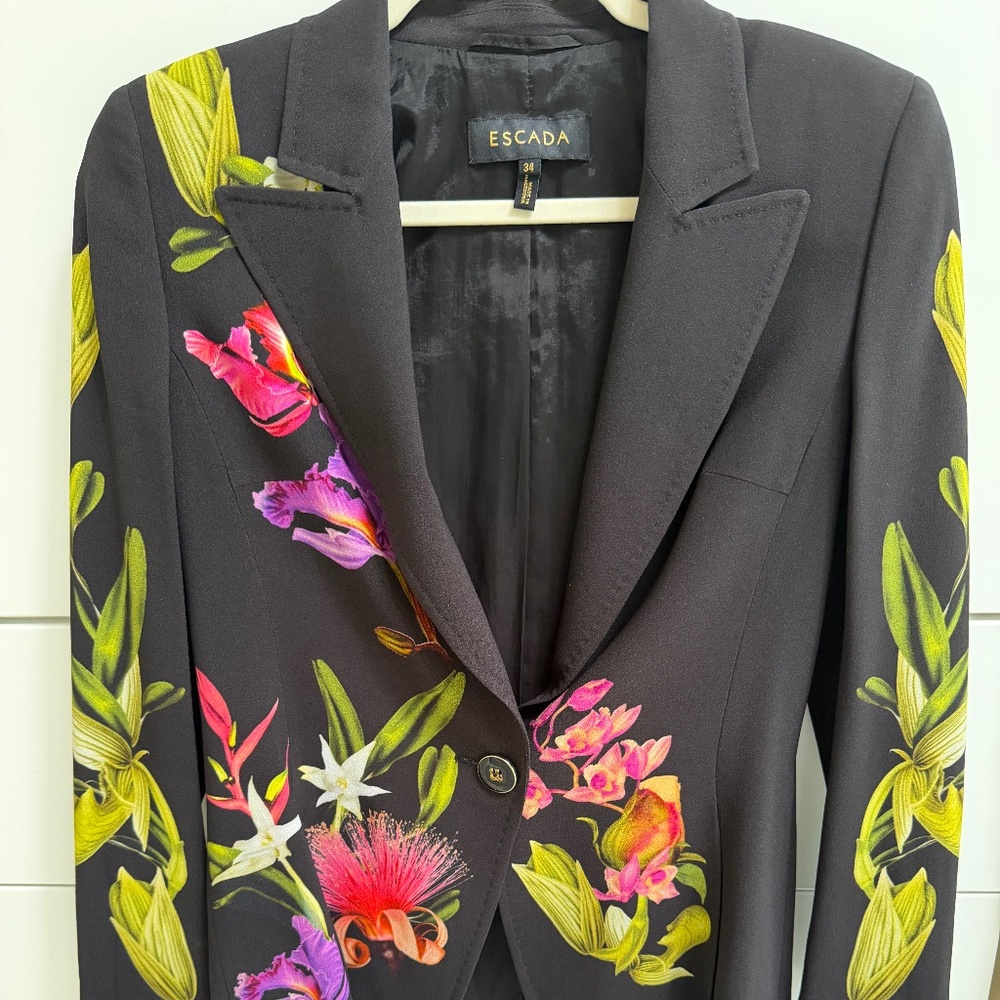 Escada Jacket, size 34. Black with floral pattern